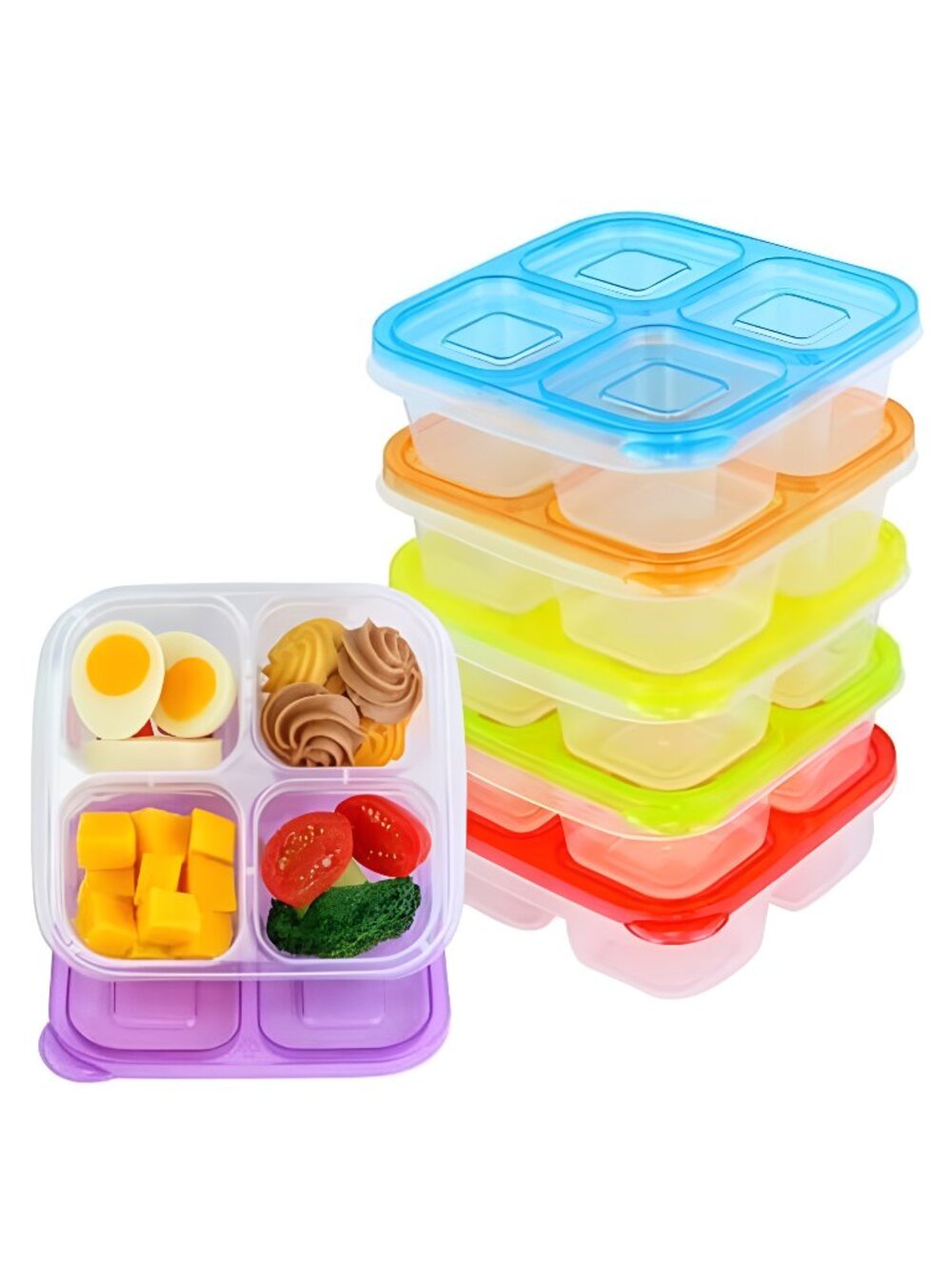 6 Pack 4-Compartment Food Containers, Reusable Snack Containers